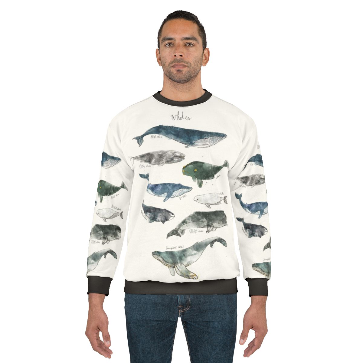 Watercolor whales sweatshirt featuring humpback and beluga whale designs