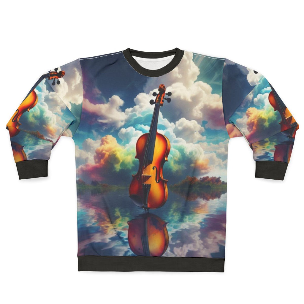 Nature-inspired sweatshirt with landscape silhouette and water reflection design