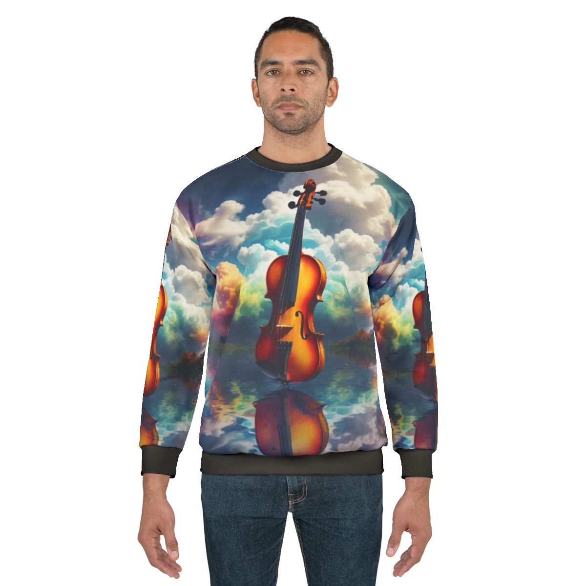 Nature-inspired sweatshirt with landscape silhouette and water reflection design