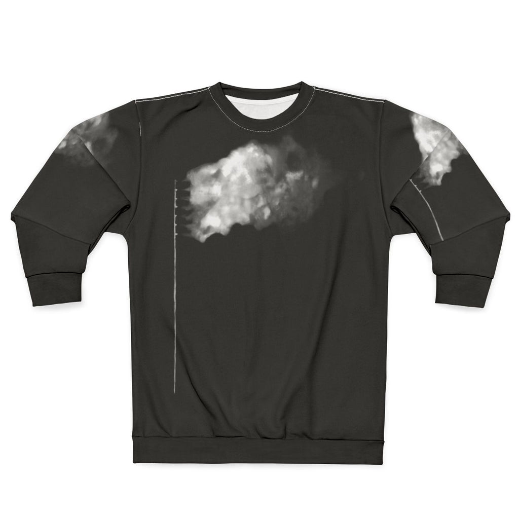 Burning American flag graphic on white sweatshirt