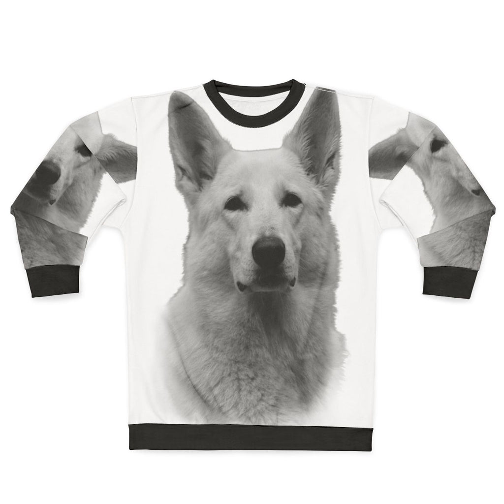 White German Shepherd wearing a cozy sweatshirt