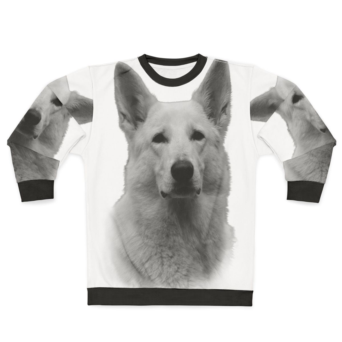 White German Shepherd wearing a cozy sweatshirt