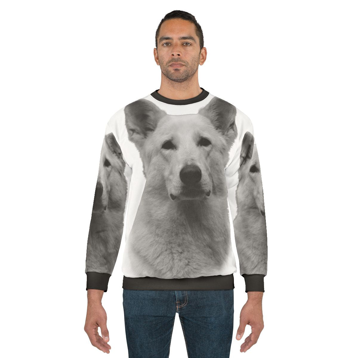 White German Shepherd wearing a cozy sweatshirt