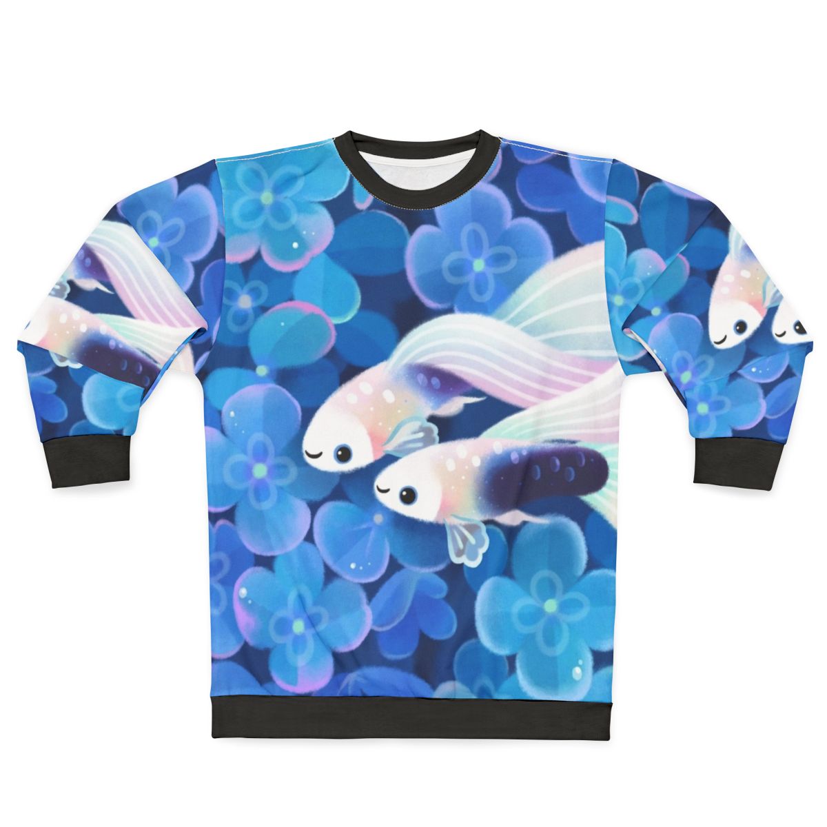 White tuxedo guppy sweatshirt featuring a cute tropical fish design
