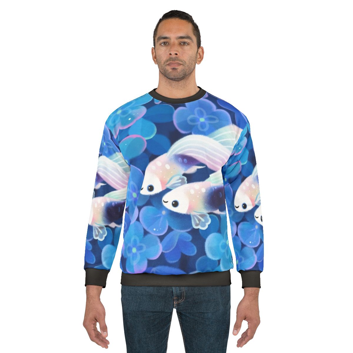 White tuxedo guppy sweatshirt featuring a cute tropical fish design