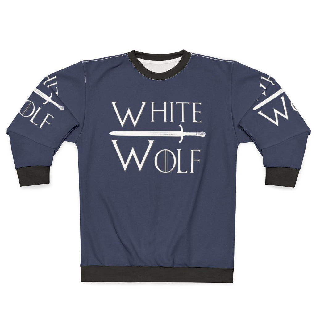 A white sweatshirt with a wolf design, perfect for Game of Thrones fans