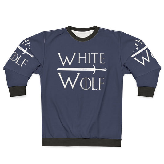 A white sweatshirt with a wolf design, perfect for Game of Thrones fans