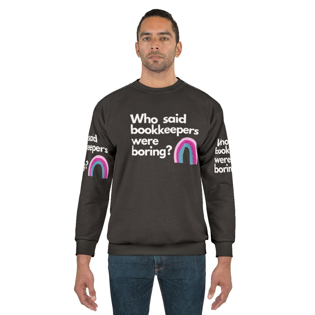 Proud bookkeeper wearing a cozy sweatshirt with an accounting-inspired design