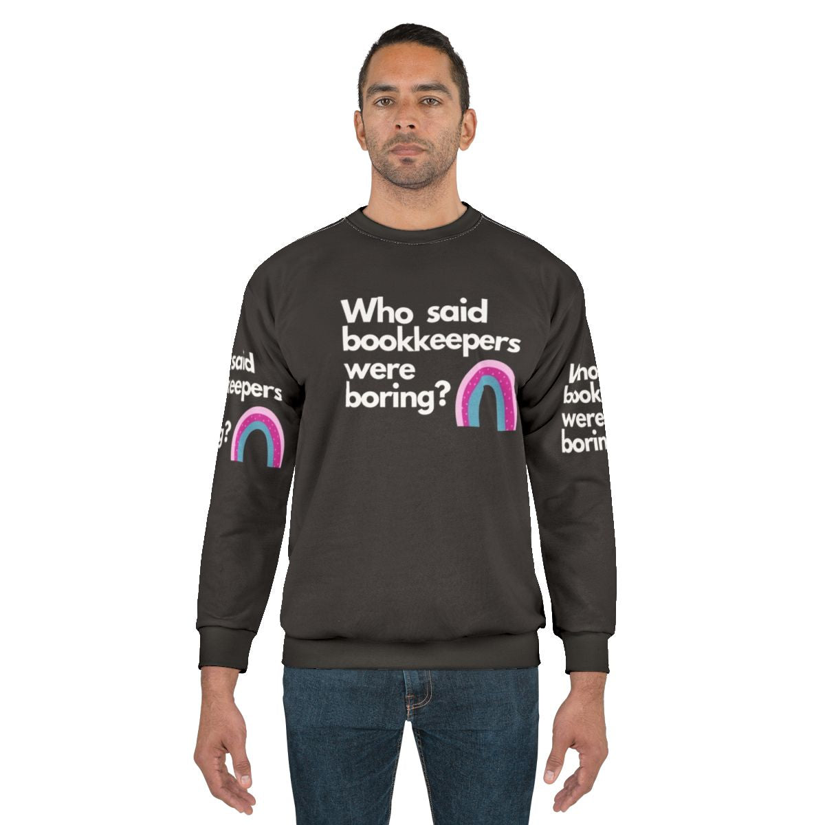 Proud bookkeeper wearing a cozy sweatshirt with an accounting-inspired design