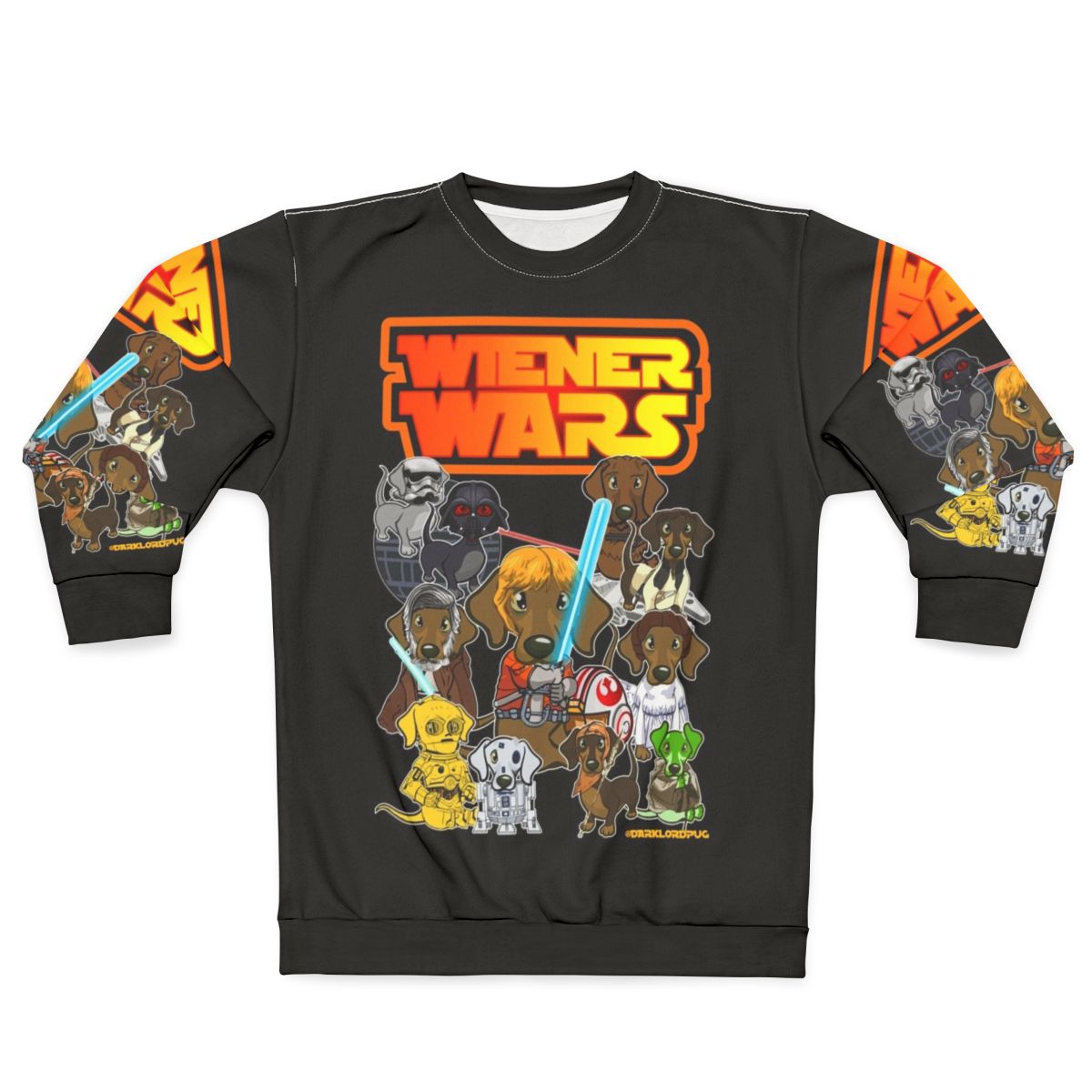 Funny dachshund wearing "Wiener Dog Wars" sweatshirt