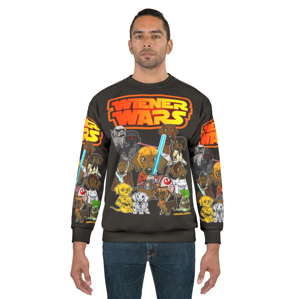 Funny dachshund wearing "Wiener Dog Wars" sweatshirt