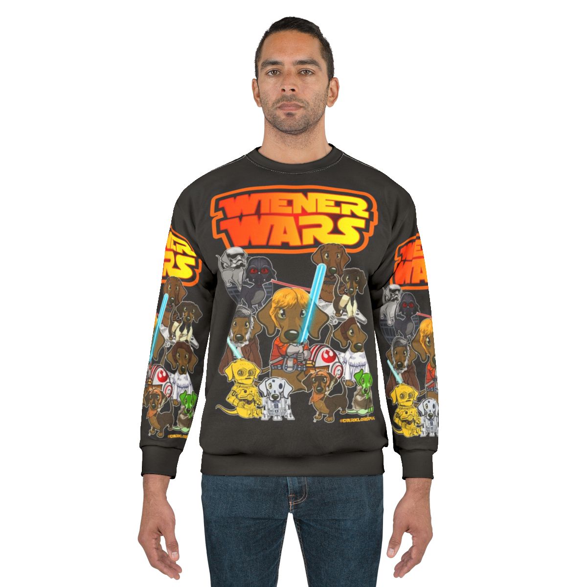 Funny dachshund wearing "Wiener Dog Wars" sweatshirt