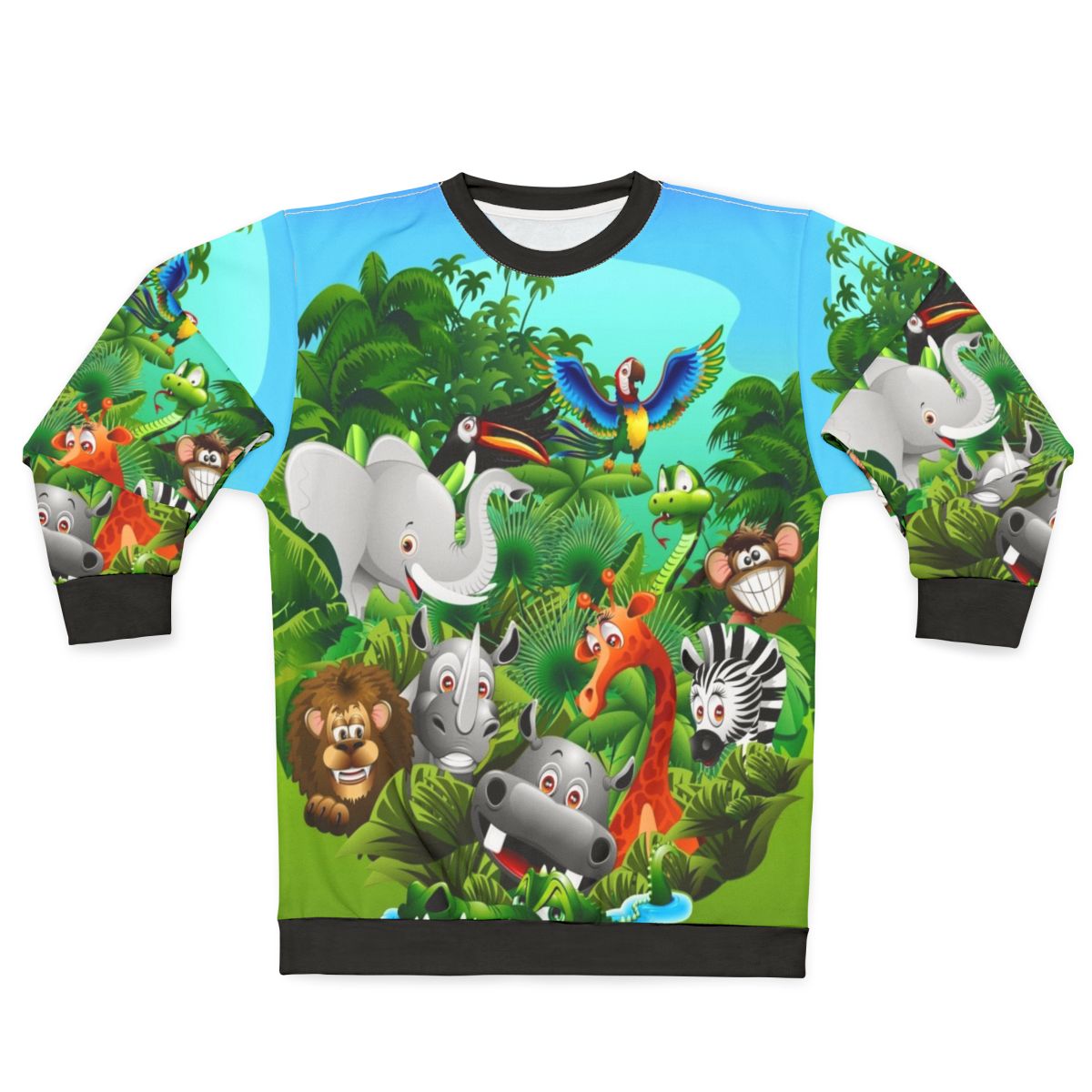 Jungle-themed sweatshirt with colorful cartoon depictions of wild animals such as elephant, lion, and zebra