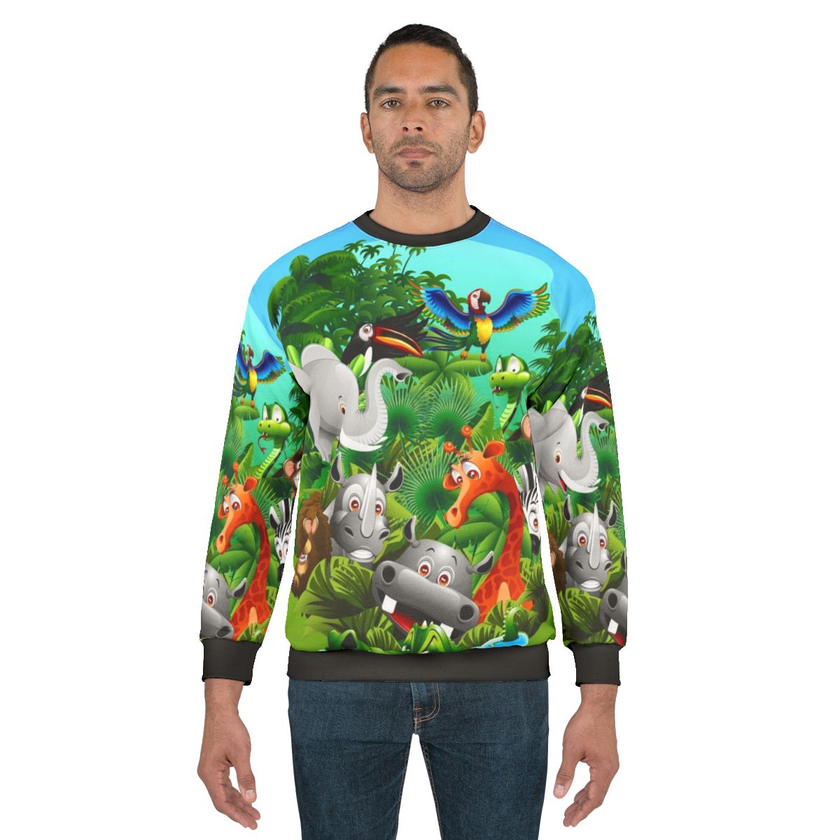 Jungle-themed sweatshirt with colorful cartoon depictions of wild animals such as elephant, lion, and zebra