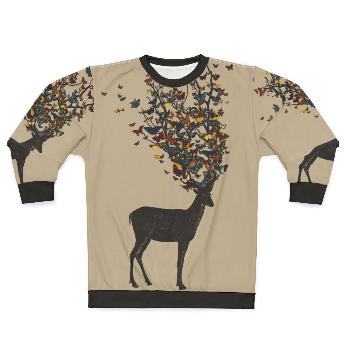 Colorful wild nature sweatshirt with deer and butterfly graphics
