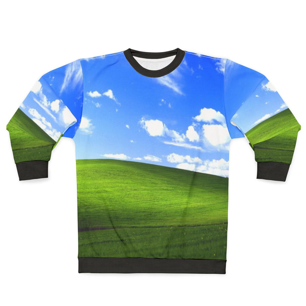 Vintage Windows XP default desktop background printed on a comfortable sweatshirt