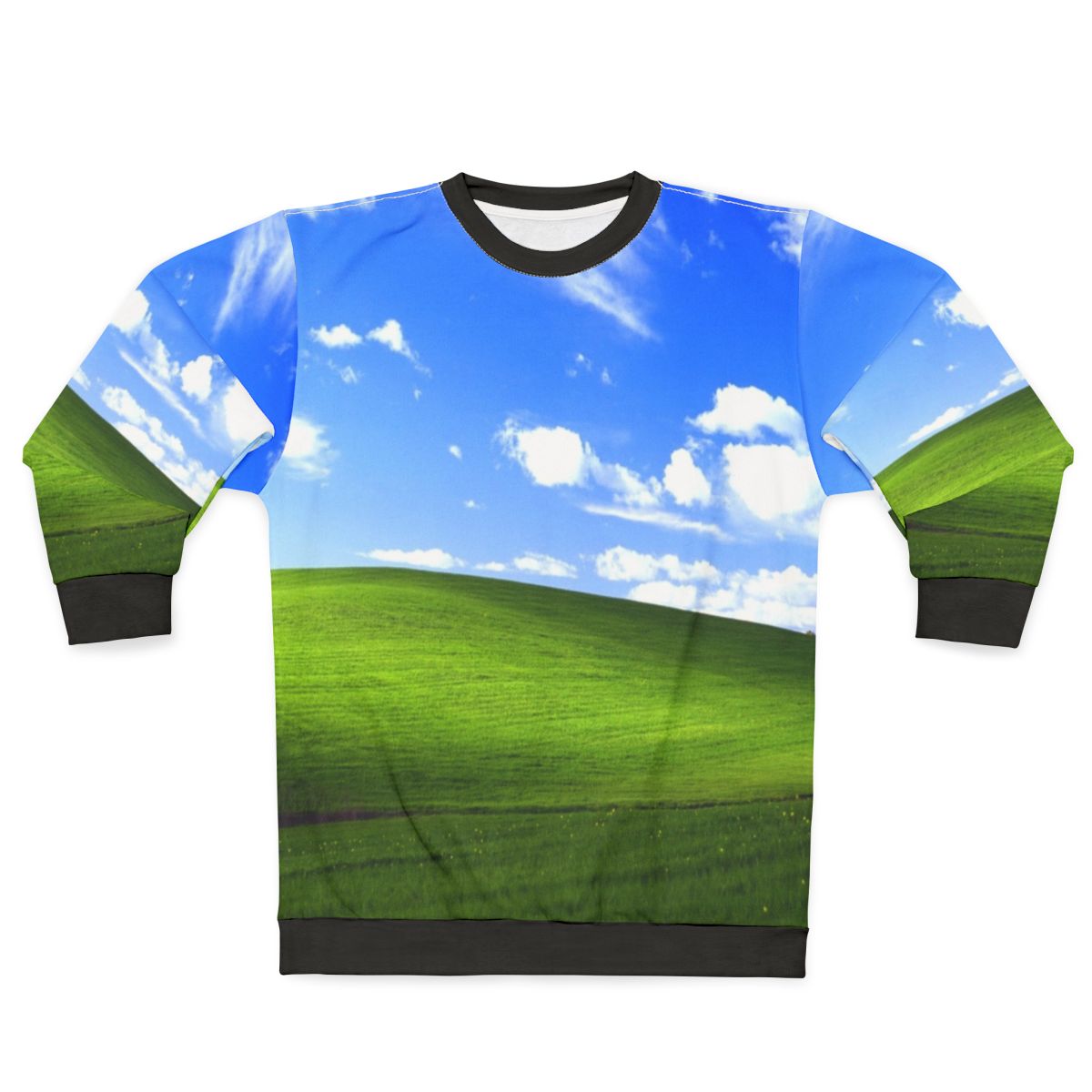 Vintage Windows XP default desktop background printed on a comfortable sweatshirt