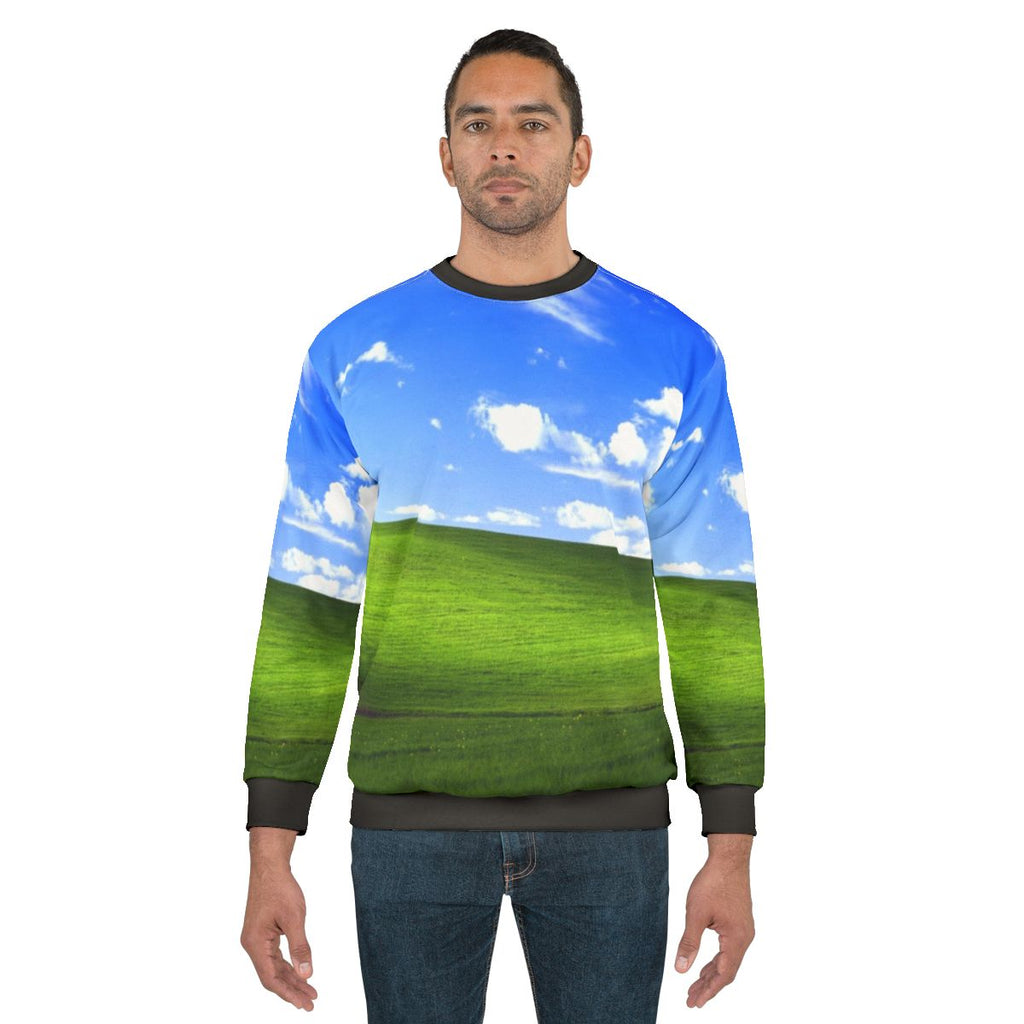 Vintage Windows XP default desktop background printed on a comfortable sweatshirt