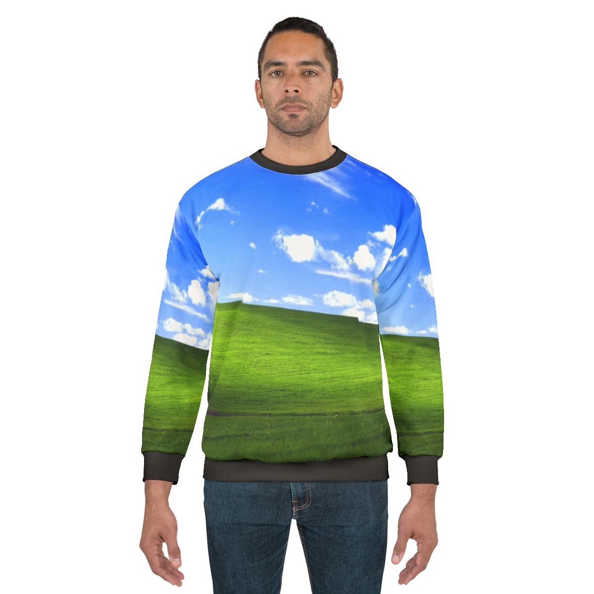 Vintage Windows XP default desktop background printed on a comfortable sweatshirt