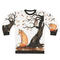 Watercolor illustration of a red fox and owl on an autumn sweatshirt