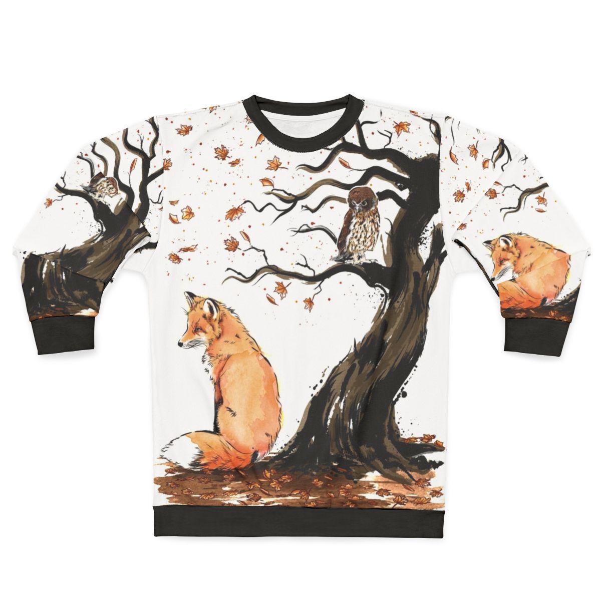 Watercolor illustration of a red fox and owl on an autumn sweatshirt