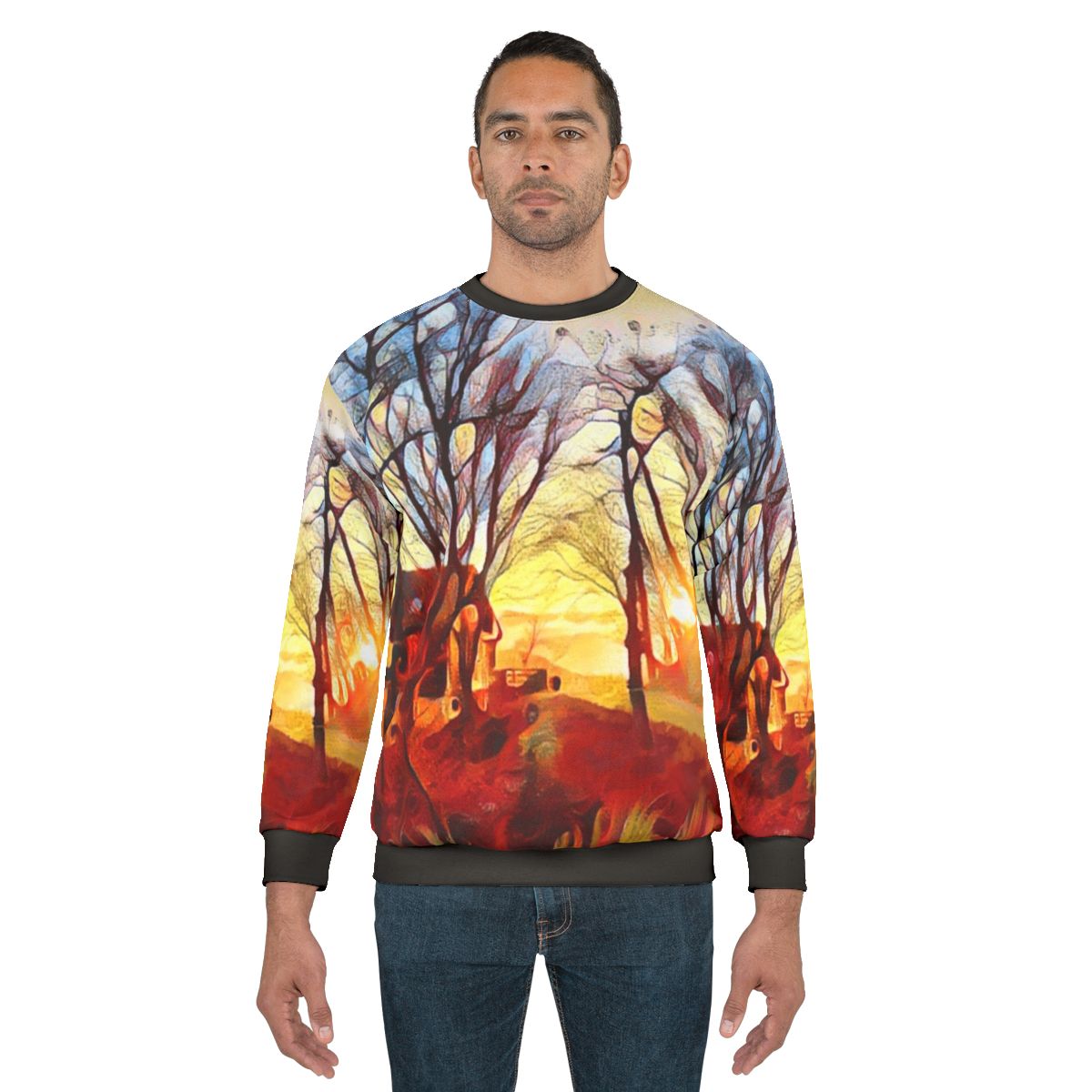 Cozy winter dawn sweatshirt with Izu mountain landscape digital art design