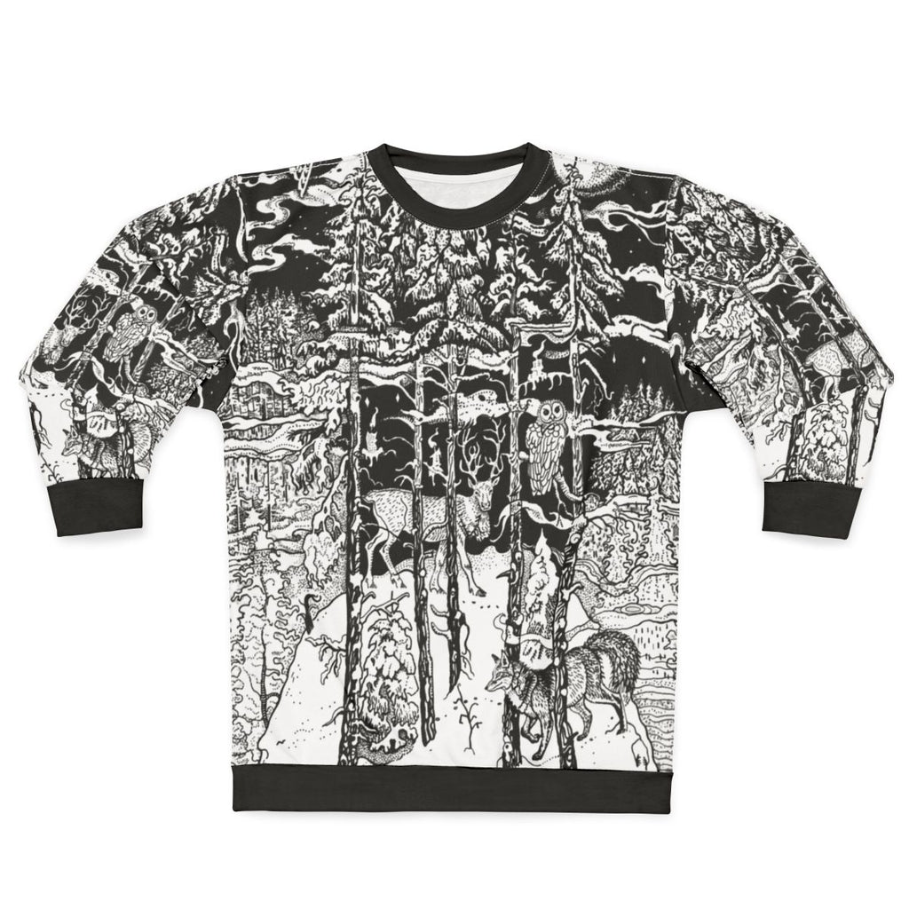 Winter forest sweatshirt with deer and other nature elements