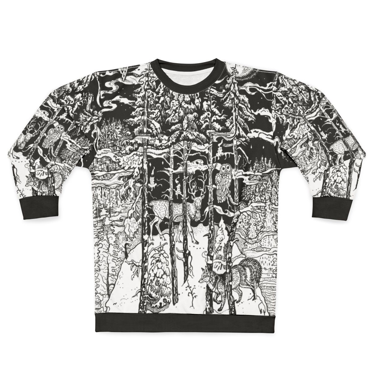 Winter forest sweatshirt with deer and other nature elements