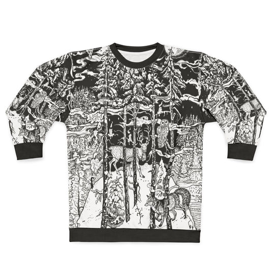 Winter forest sweatshirt with deer and other nature elements