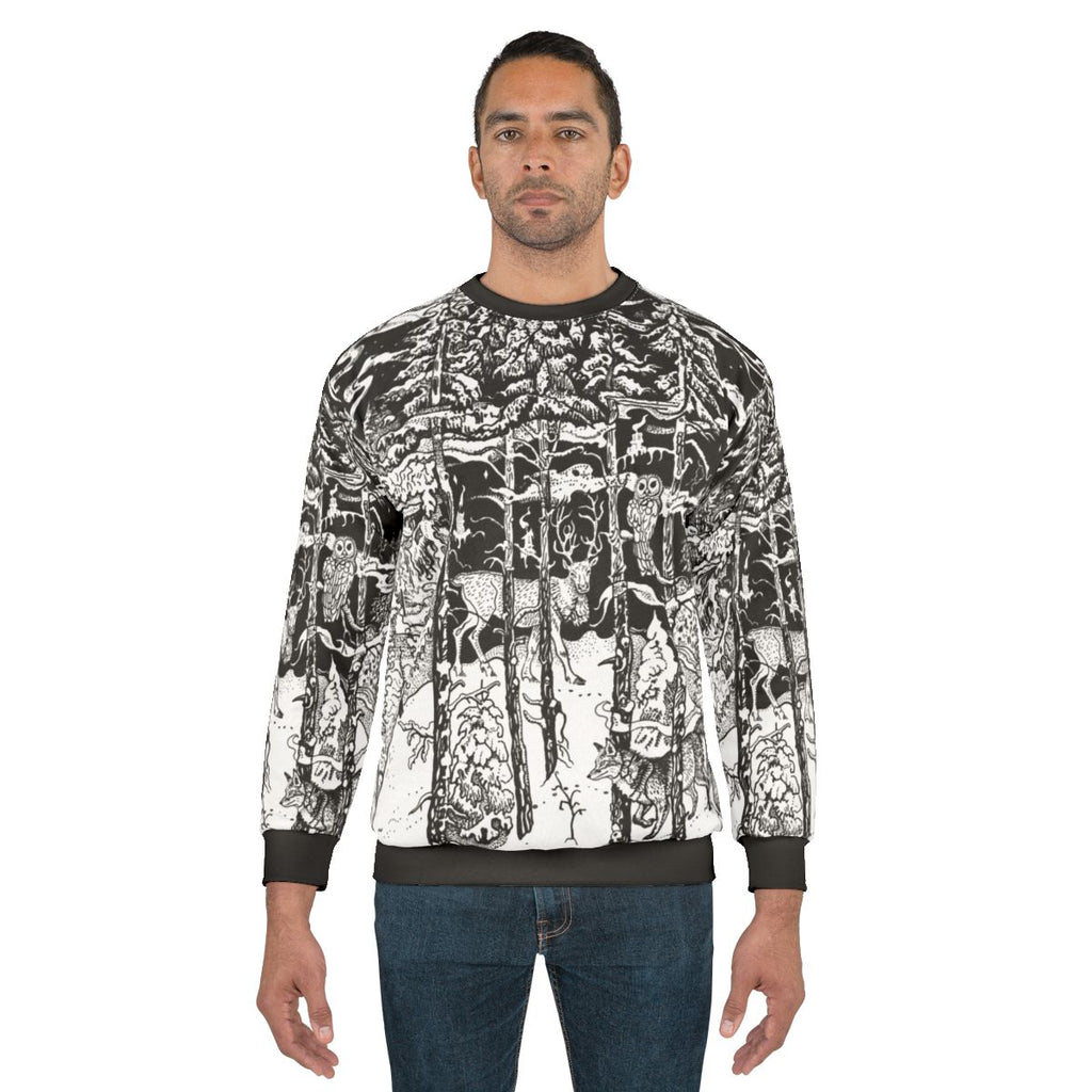 Winter forest sweatshirt with deer and other nature elements