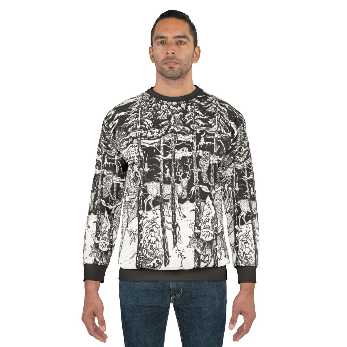 Winter forest sweatshirt with deer and other nature elements