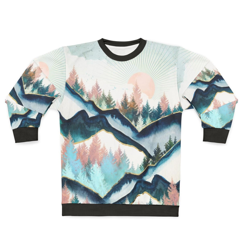 Cozy winter forest sweatshirt with abstract watercolor landscape design