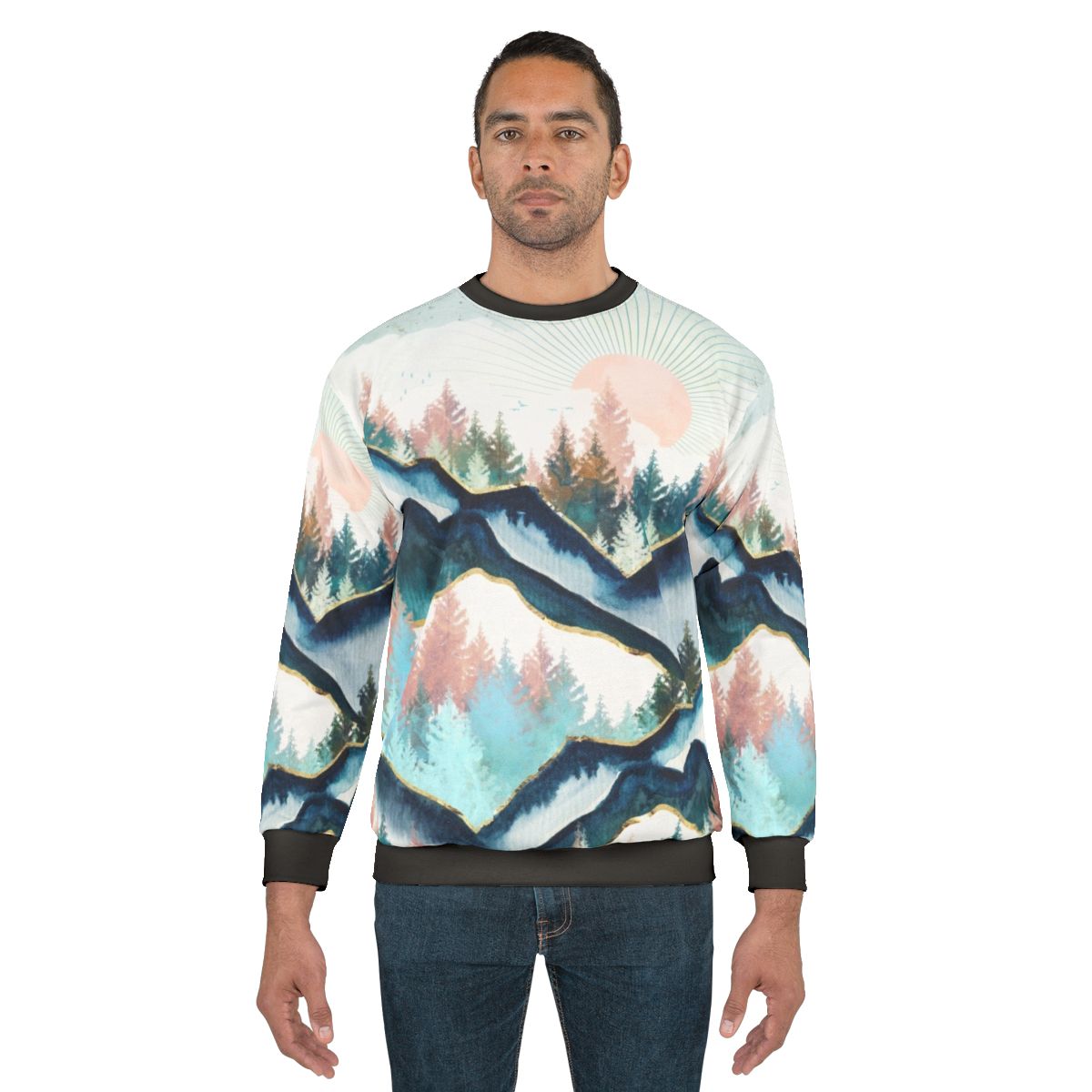 Cozy winter forest sweatshirt with abstract watercolor landscape design