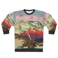 Cozy winter sweatshirt with Japanese art landscape of snow-capped mountains, sunset lake, and pink clouds