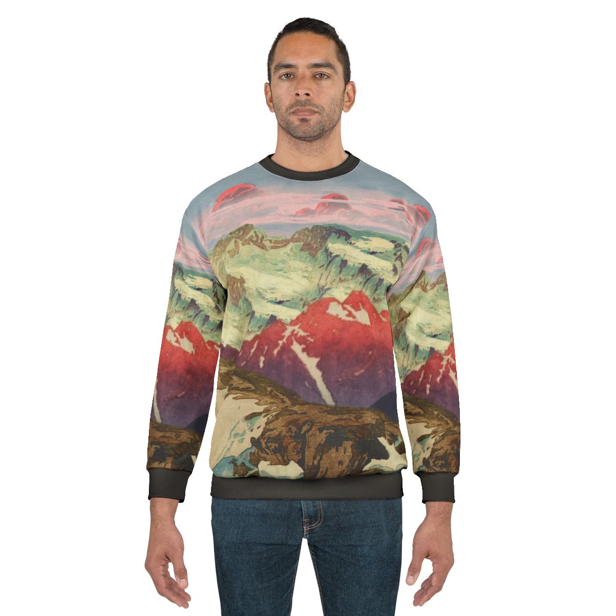 Cozy winter sweatshirt with Japanese art landscape of snow-capped mountains, sunset lake, and pink clouds