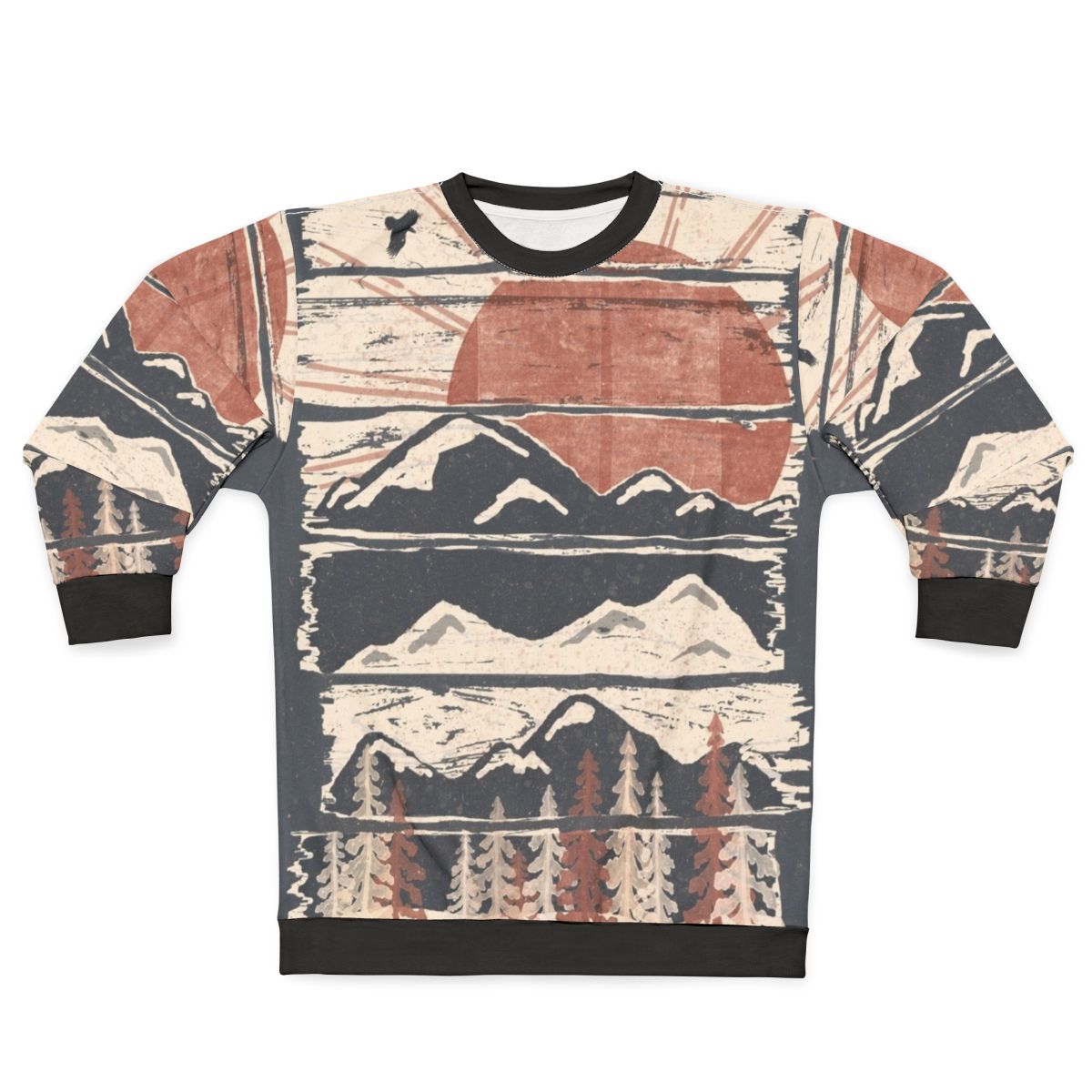 Person wearing winter sweatshirt in snowy mountain scenery