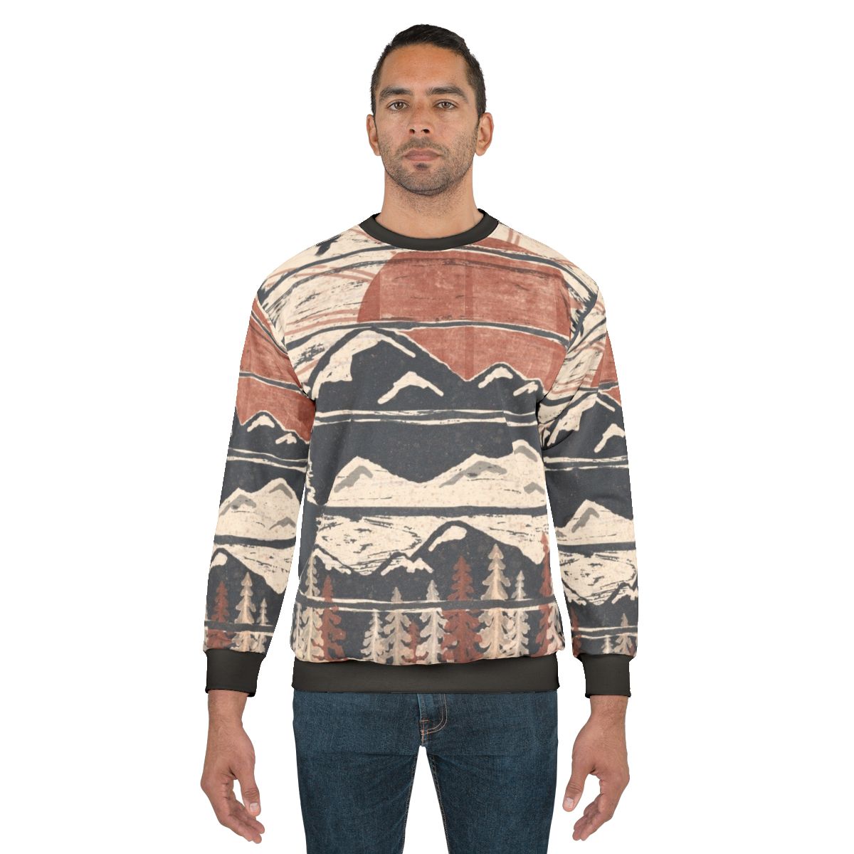 Person wearing winter sweatshirt in snowy mountain scenery