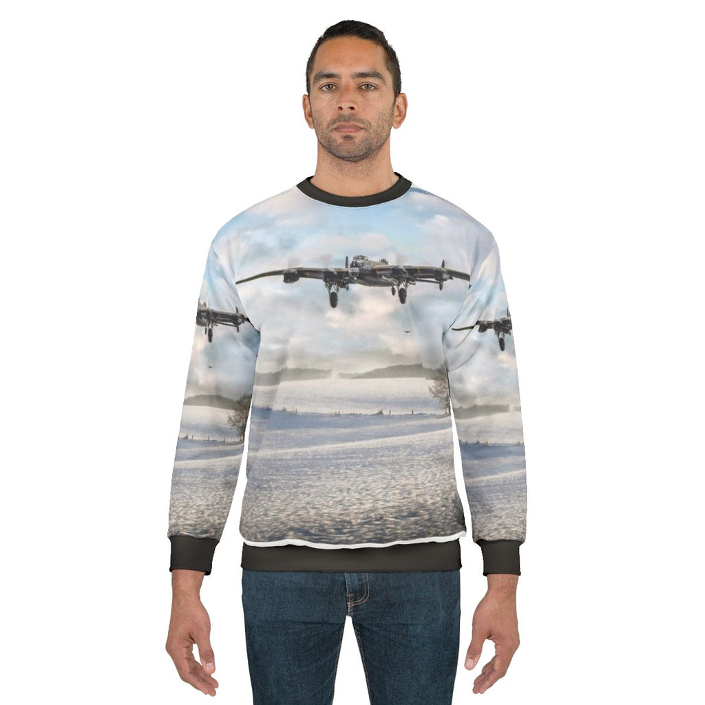 Avro Lancaster bomber in snowy landscape on winter sweatshirt