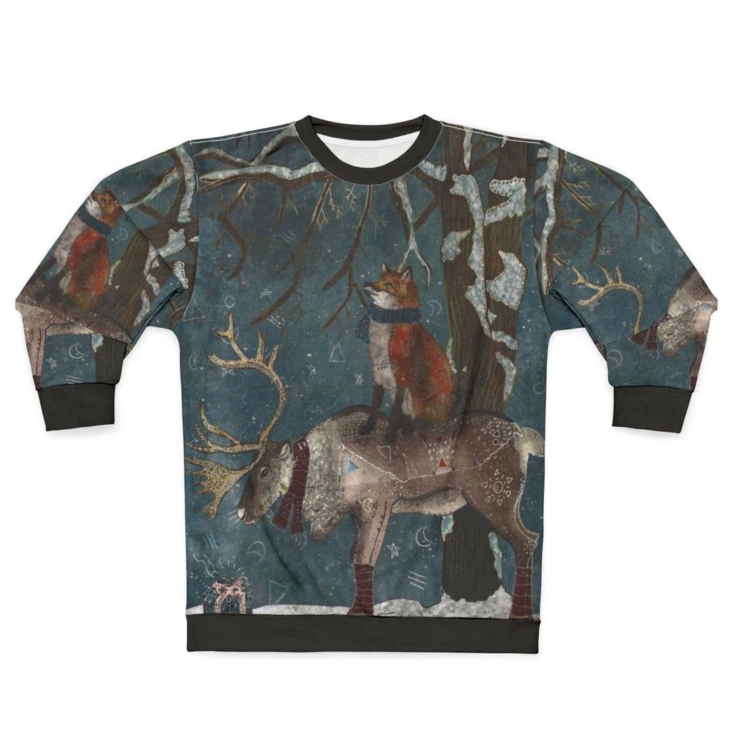 Cozy winter tale sweatshirt featuring a magical fairytale design with snow, trees, and woodland animals