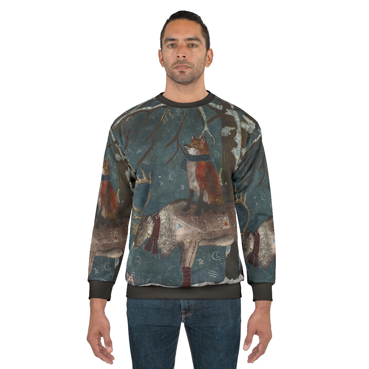 Cozy winter tale sweatshirt featuring a magical fairytale design with snow, trees, and woodland animals