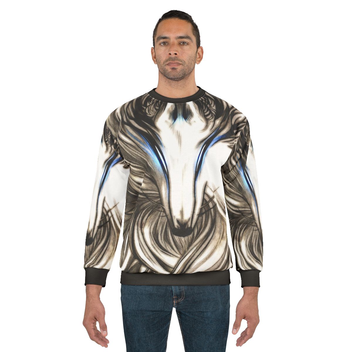 Cozy winter wolf sweatshirt with black and white design