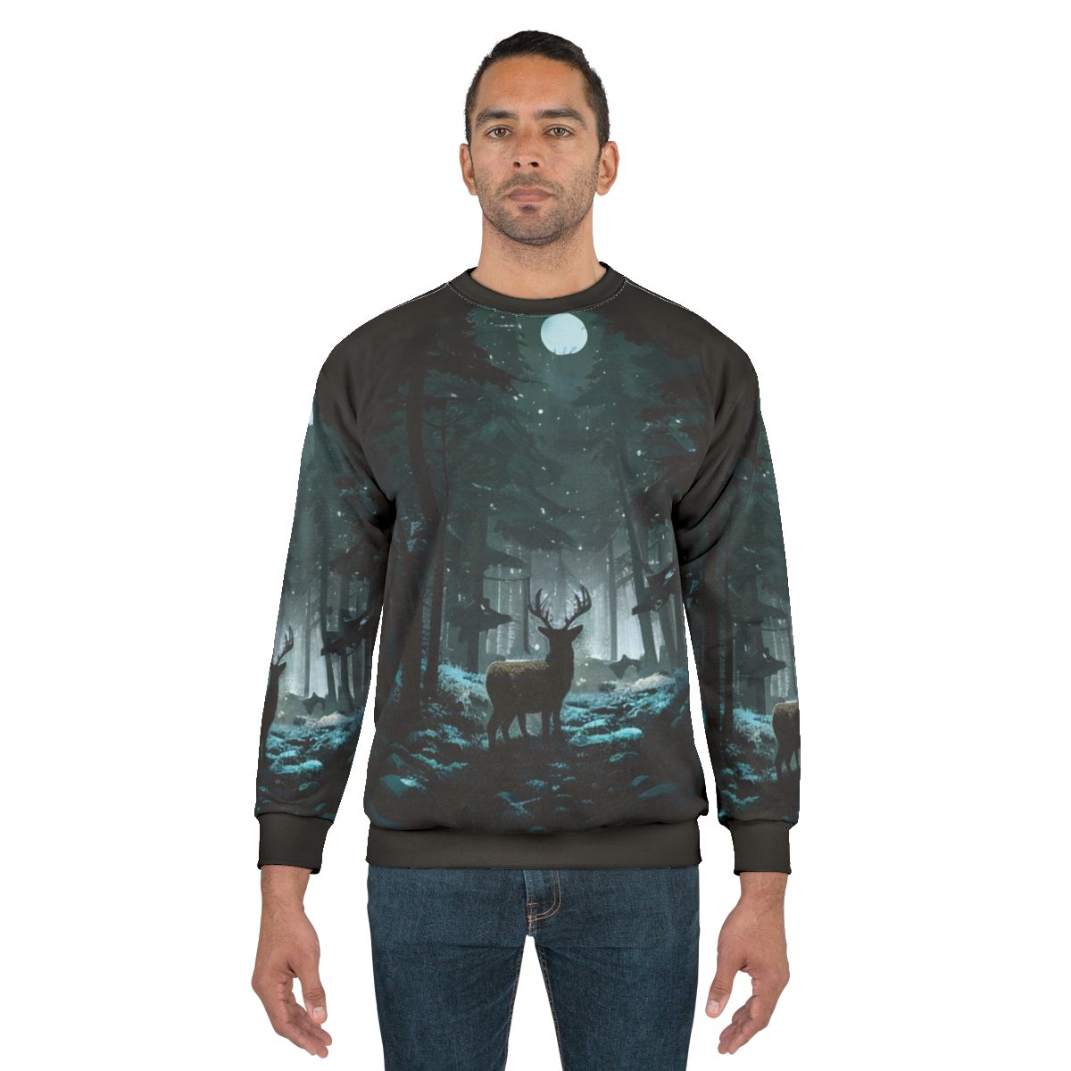Cozy winter woods deer sweatshirt with snowy landscape and moonlight