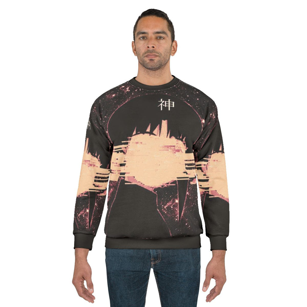 Wired God Glitch Art Sweatshirt with space and stars design