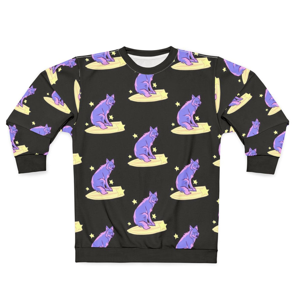Sweatshirt with a design of a wolf riding among the stars in the night sky