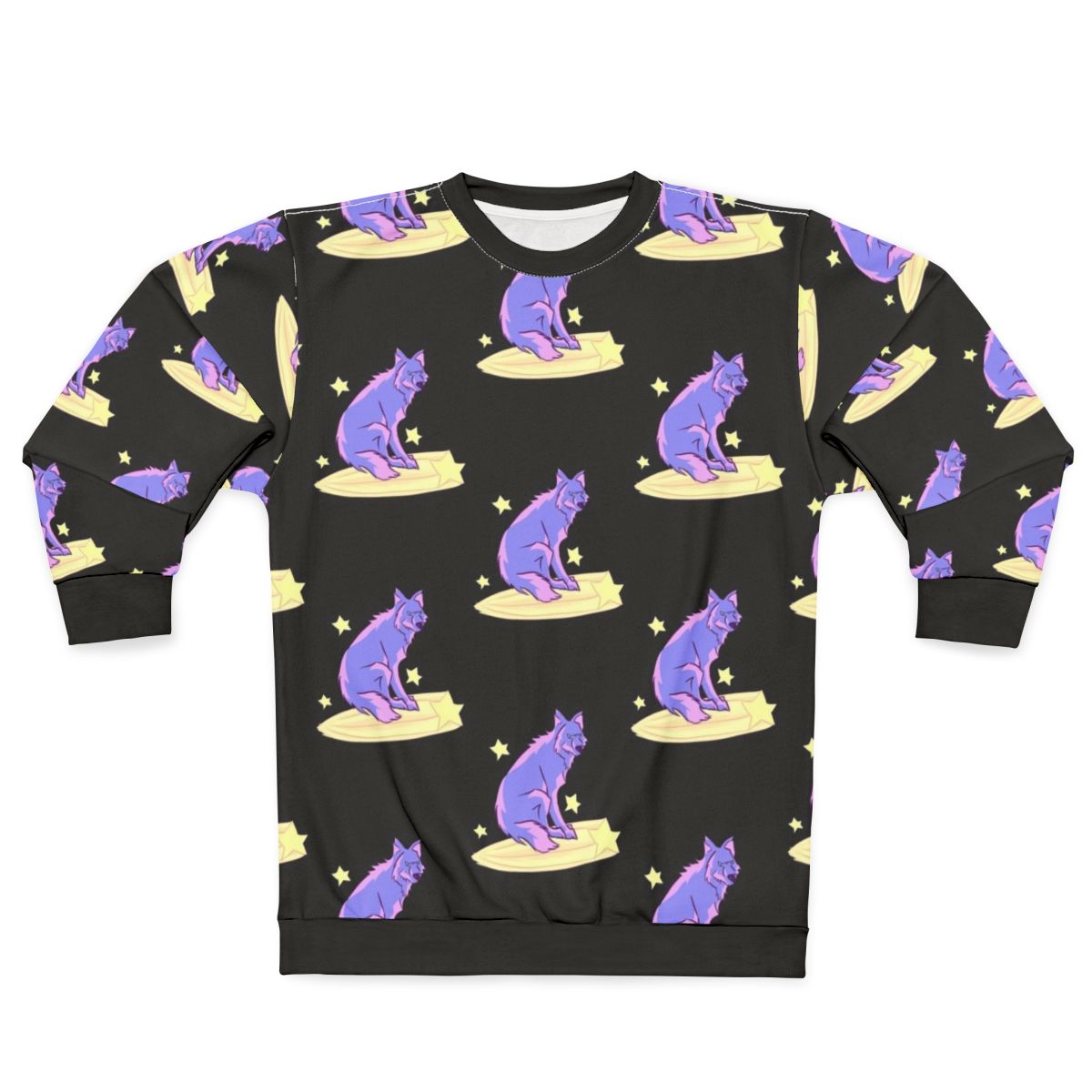 Sweatshirt with a design of a wolf riding among the stars in the night sky