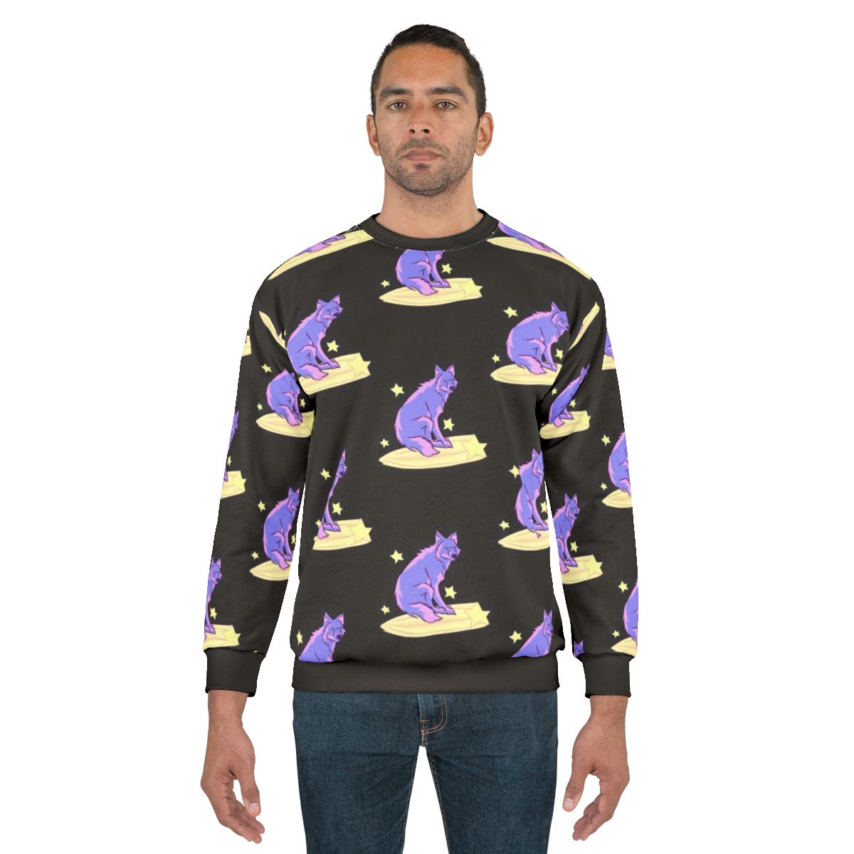 Sweatshirt with a design of a wolf riding among the stars in the night sky