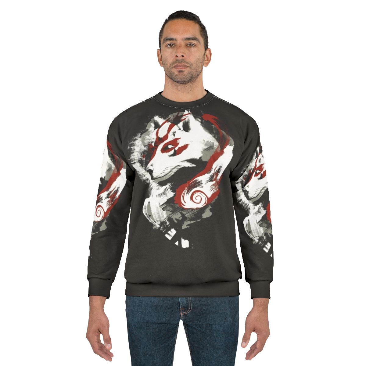 Wolf Sweatshirt with Japanese-Inspired Nature Graphic