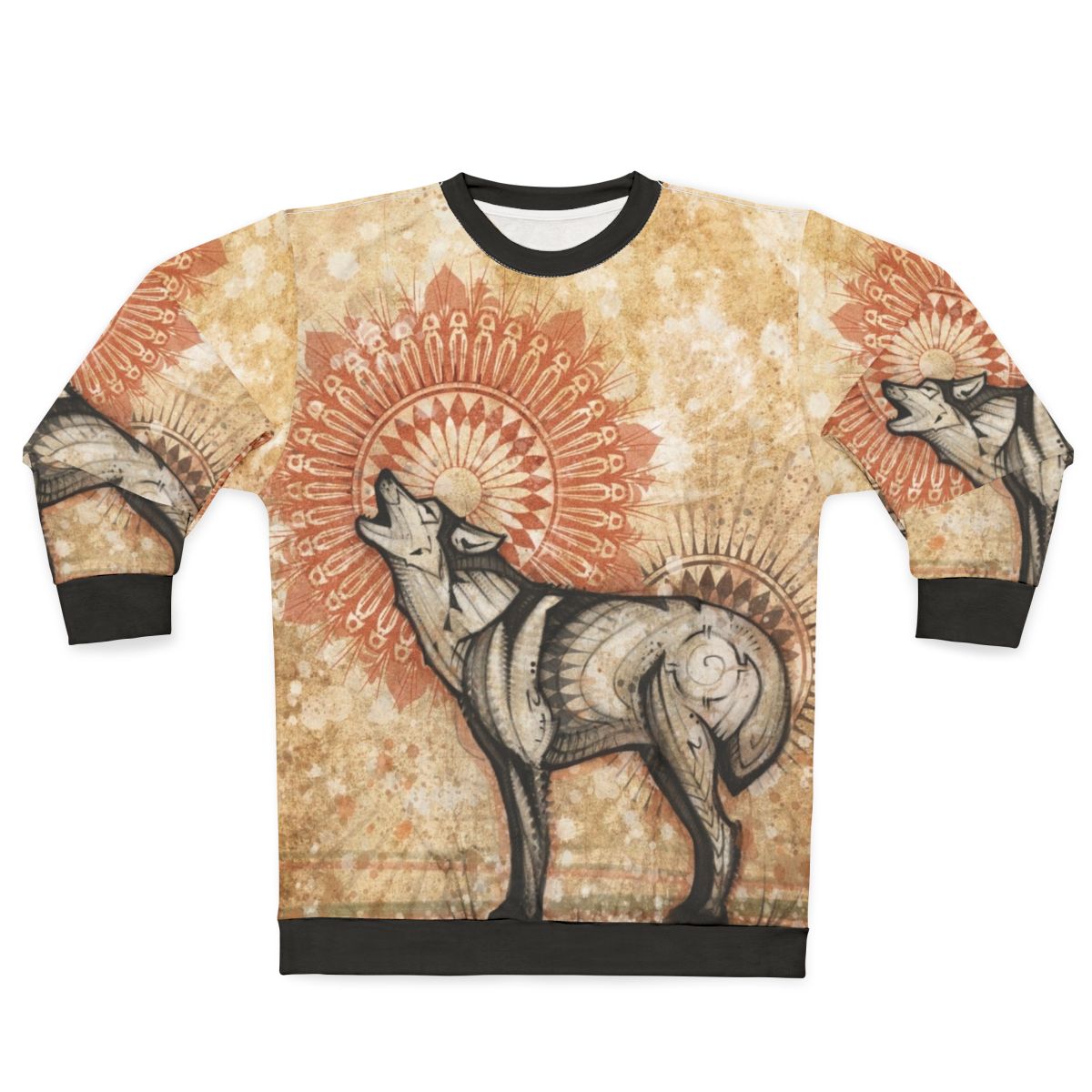 Mystical wolf totem sweatshirt with mandala and nature-inspired design