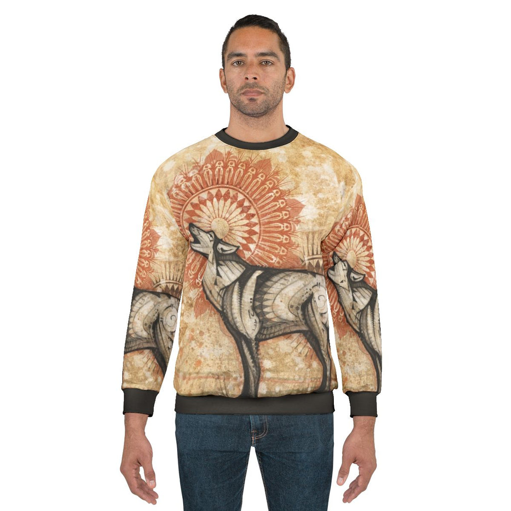 Mystical wolf totem sweatshirt with mandala and nature-inspired design