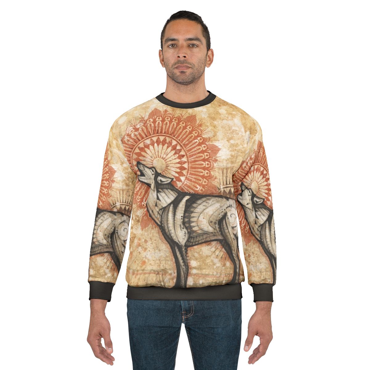 Mystical wolf totem sweatshirt with mandala and nature-inspired design